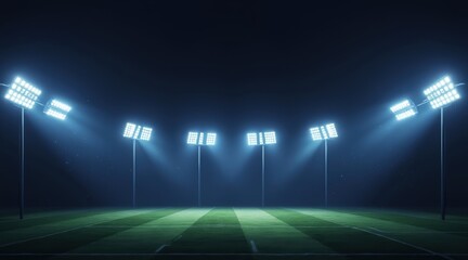 Bright floodlights illuminate a dark, empty sports field, creating a dramatic and intense atmosphere for nighttime games.