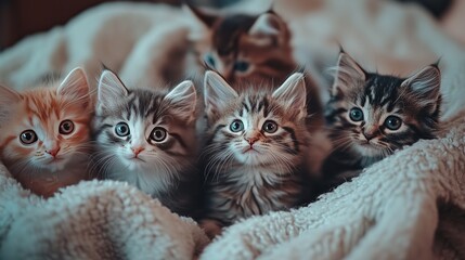 A group of adorable kittens of different breeds sitting.