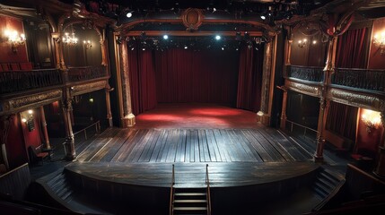 Empty stage of a classic theater with red curtains, wooden floor, and balconies.