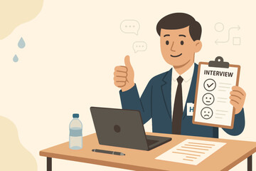 HR manager giving approval after successful interview session with documents and laptop, modern flat vector layout