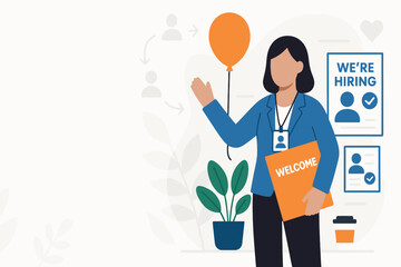 Flat vector HR manager welcoming new employee with onboarding kit and office celebration, white background, right-side character design