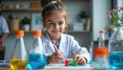 Young girl scientist experimenting with colorful liquids in lab