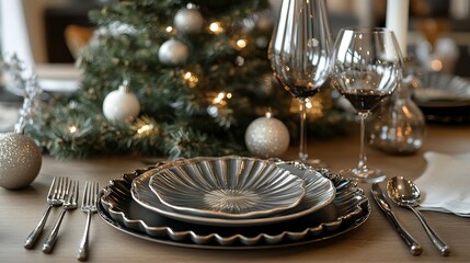 Festive tablescape featuring charger plates wine glasses serving spoons with holiday decor no labelling no logo no human