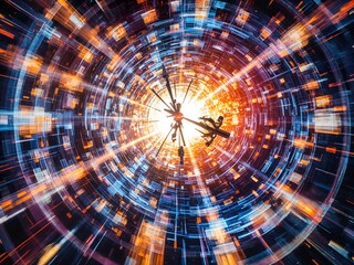 Abstract anime time vortex, swirling clock hands, distorted numbers, energetic lines, vibrant colors, sense of rapid movement.