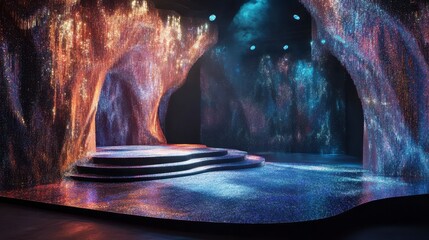 A stage with a futuristic, colorful, abstract, glowing, digital art backdrop.
