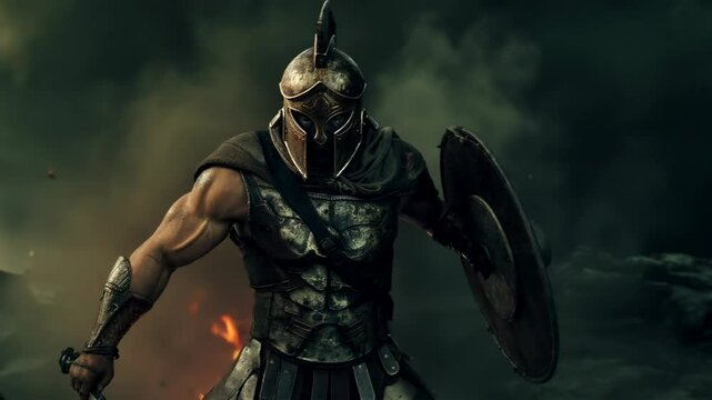 Ancient warrior in armor with helmet shield and sword
