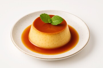 Creamy Caramel Flan with Fresh Mint Garnish on White Plate