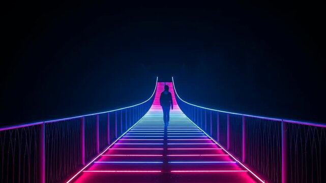 Person walking on a vibrant neon bridge into the future, modern and digital world concept