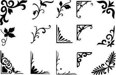 ornament corners, brushes, decoration, baroque, antique, classic, vector, floral, botanic, art deco, swirls, leaf, monochrome, black, templates, customizable