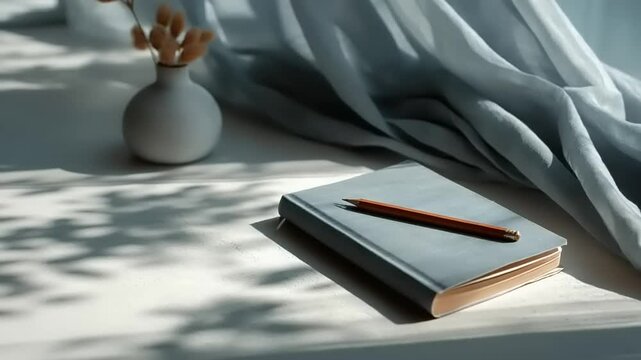 A serene desk scene with a notebook and pencil