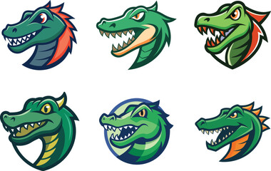 Obraz premium Six vibrant crocodile mascot designs perfect for team logos branding and sports identity creation featuring various styles and colors