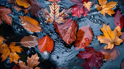 Colorful autumn leaves background floating on water with raindrops - Powered by Adobe