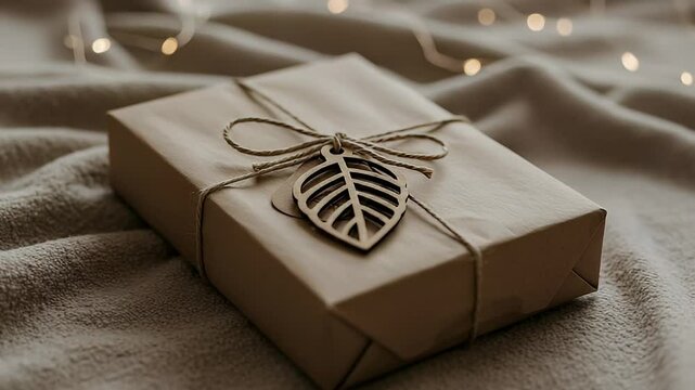 Wrapped Brown Gift Box with Leaf Decoration on Soft Blanket with Warm Lighting