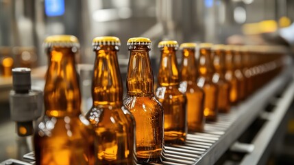 Bottles of Beer on Production Line in Brewery Facility