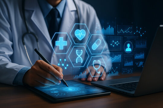 Doctor using digital health technology for patient care and medical data analysis and healthcare innovation - Powered by Adobe
