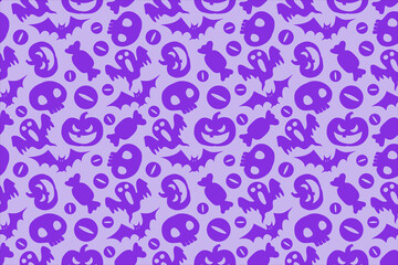 Seamless halloween pattern design with skulls, pumpkins, bats, eyeballs, and candies, all in shades of purple
