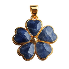 Elegant Four-Leaf Clover Pendant with Faceted Deep Blue Heart-Shaped Gemstones Framed in Shiny Gold Jewelry Design