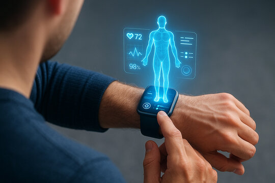 Health monitoring smartwatch with body scan and vital signs tracking technology for wellness app