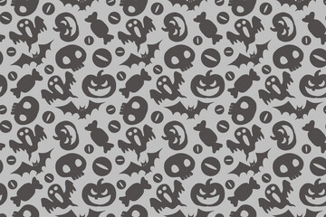 Seamless halloween pattern design with skulls, pumpkins, bats, eyeballs, and candies, all in shades of grey and black