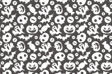 Seamless halloween pattern design with skulls, pumpkins, bats, eyeballs, and candies, all in shades of white and black