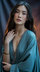 Fototapeta premium Elegant Woman in Teal Gown: A Portrait of Grace and Beauty AI generated