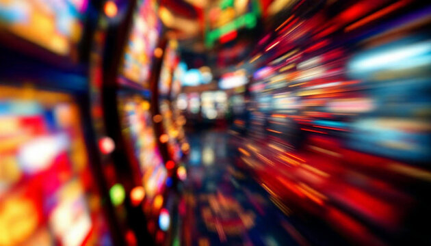 Blurry slot machines in a casino, glowing with vibrant abstract colors.

