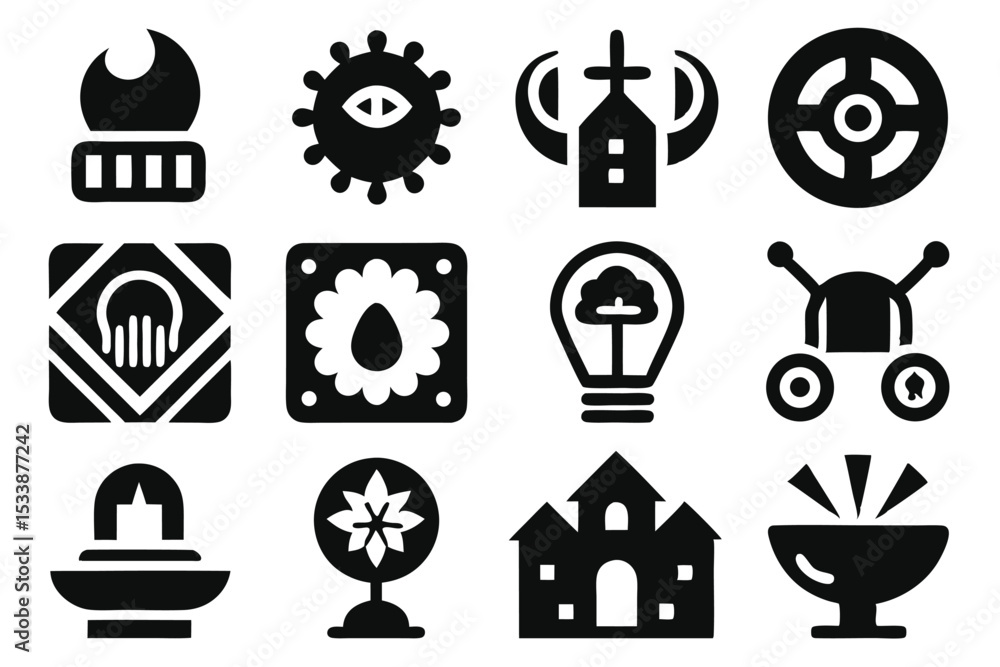 Poster set of black iconographic symbols representing various objects and concepts isolated on white