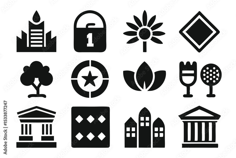 Poster set of black icons depicting various symbols and objects for digital design elements