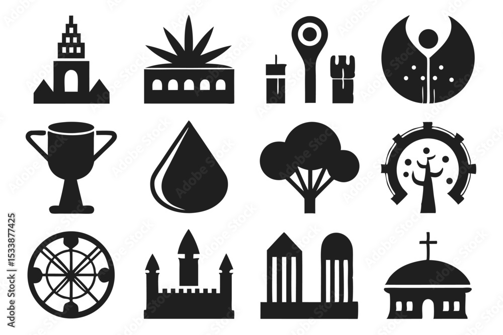 Poster simple black icons of buildings objects nature and symbols for general purpose use