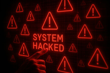 System hacked alert warning sign cyber security breach vulnerability error danger 100 characters