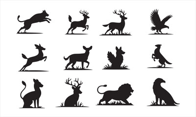 Fototapeta premium A collection of black silhouette illustrations of various wild animals, including deer, dogs, lions, eagles, and more, set against a backdrop of simple grassy areas.