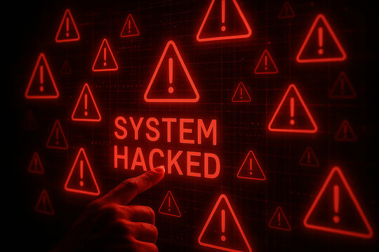 System hacked alert warning sign cyber security breach vulnerability error danger 100 characters