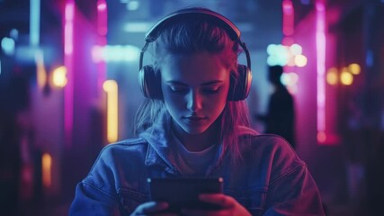Millennial Woman Listening with Headphones and Using Tablet in Glowing Purple Environment