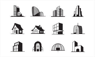 Collection of Modern Architecture Building Silhouettes, a collection of stylized, black and white silhouettes of various architectural structures vector art on white