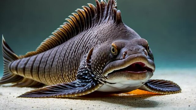 Close up of a large freshwater fish with distinctive dorsal fins. Aquatic animal in natural habitat. Underwater wildlife footage.