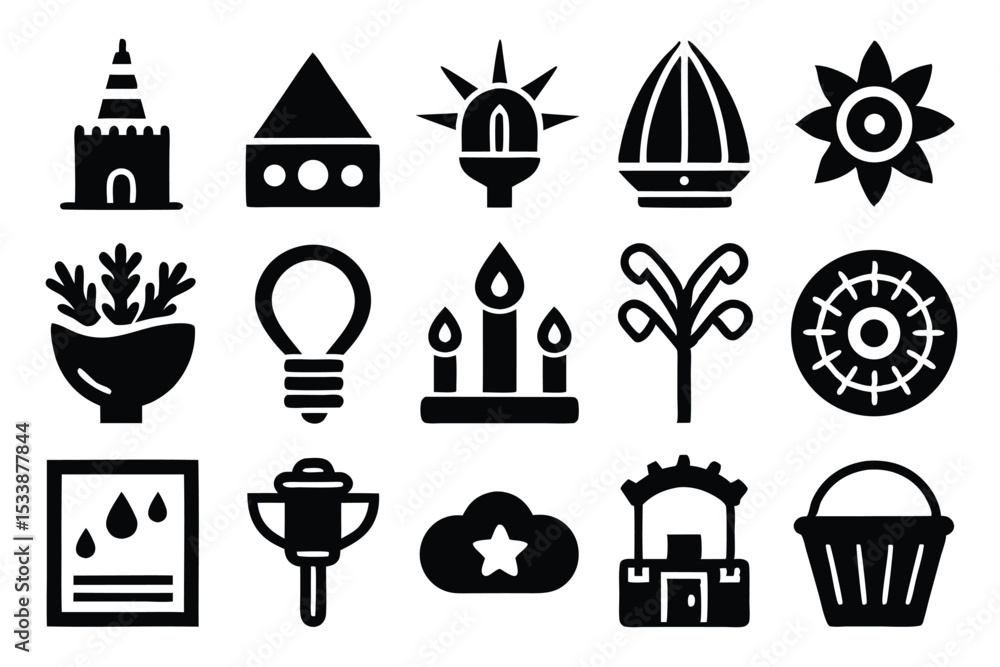 Poster collection of simplified black icons representing various objects and decorative elements