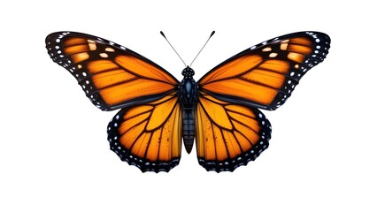 Fototapeta premium A vibrant monarch butterfly with open wings displaying its intricate patterns on a white background
