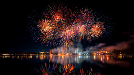 夜空に咲く色とりどりの大輪花火と湖面の美しい反射 | 幻想的な夜景