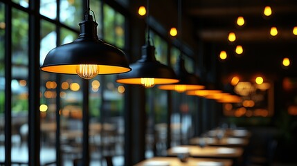 Interior cafe, hanging black pendant lights, warm lighting, blurred tables and windows