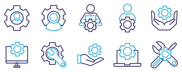 Information technology manager thin line icon set. Containing specialist, expert, professional, service, technician, work, engineer, workshop, installer, employee, project. Vector illustration