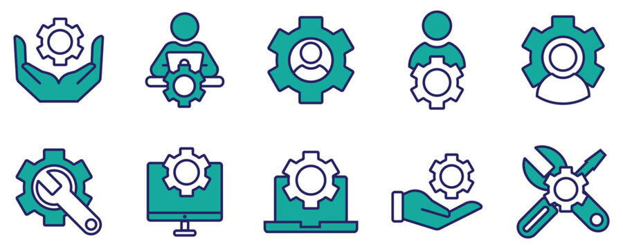 Information technology manager thin line icon set. Containing specialist, expert, professional, service, technician, work, engineer, workshop, installer, employee, project. Vector illustration