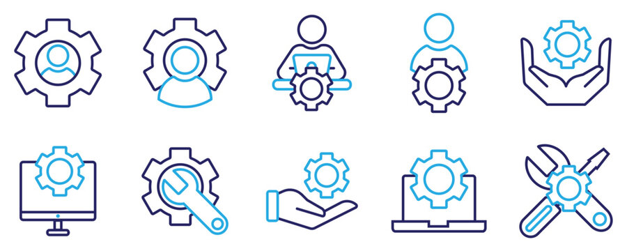 Information technology manager thin line icon set. Containing specialist, expert, professional, service, technician, work, engineer, workshop, installer, employee, project. Vector illustration