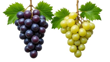 Fototapeta premium Two bunches of grapes one is purple and the other is green with leaves on a white background