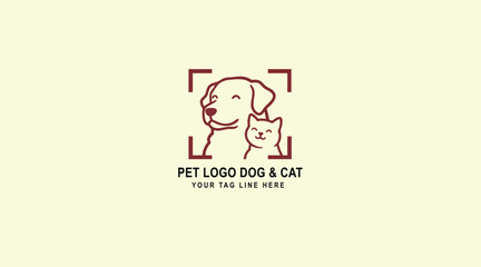 Pet Logo with Smiling Dog and Cat Inside Square Frame on Light Beige Background