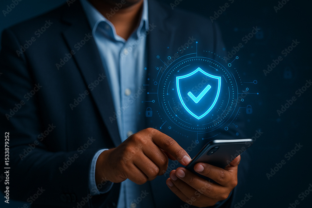 Poster secure mobile phone data protection cybersecurity businessman using smartphone technology
