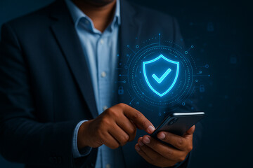 Secure mobile phone data protection cybersecurity businessman using smartphone technology