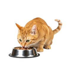 The cat is eating food from the bowl isolated on transparent or white background, png