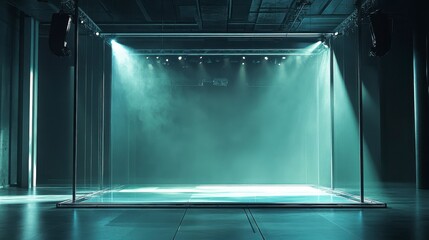Empty glass cube stage with teal lighting and fog.