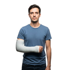 Naklejka premium A man with a cast on his arm isolated on transparent or white background, png
