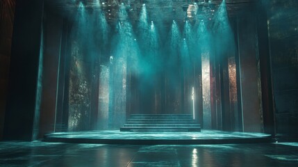 Mystical stage with teal lighting, stone pillars, and stairs.